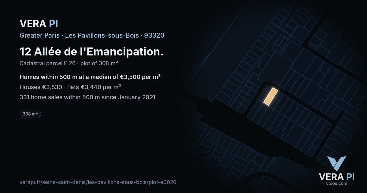 12 Allée de l'Emancipation, Les Pavillons-sous-Bois at night – the plot lit, the parcels around coloured by the prices near them