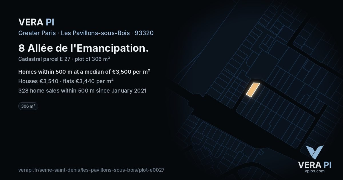 8 Allée de l'Emancipation, Les Pavillons-sous-Bois at night – the plot lit, the parcels around coloured by the prices near them