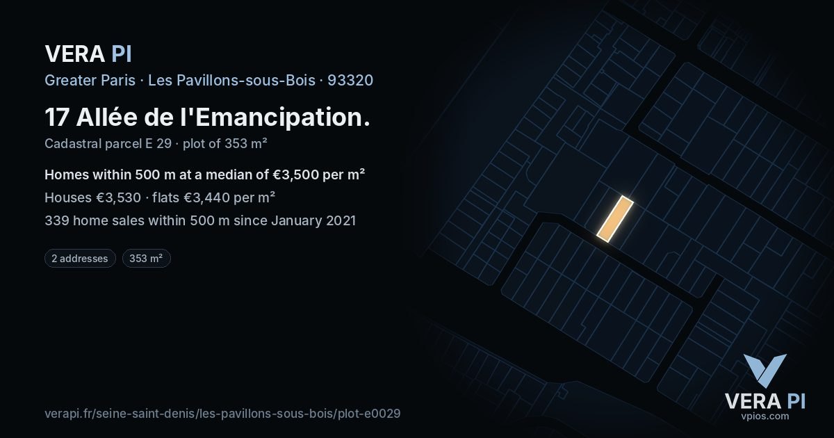 17 Allée de l'Emancipation, Les Pavillons-sous-Bois at night – the plot lit, the parcels around coloured by the prices near them