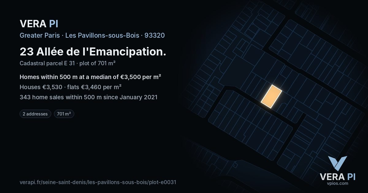 23 Allée de l'Emancipation, Les Pavillons-sous-Bois at night – the plot lit, the parcels around coloured by the prices near them