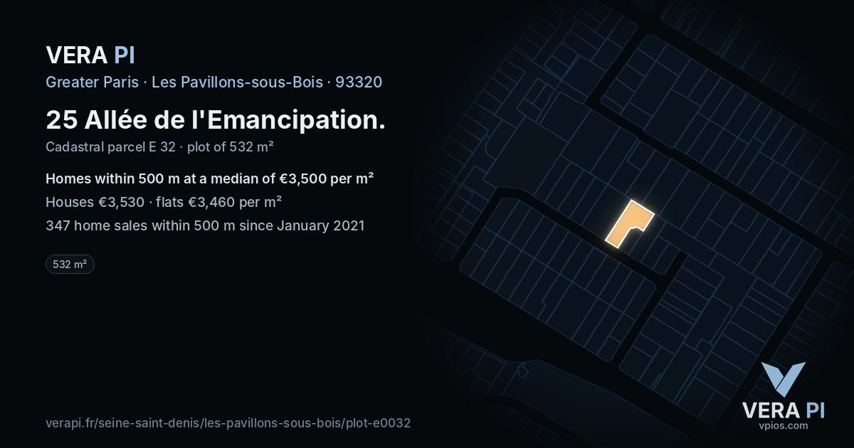 25 Allée de l'Emancipation, Les Pavillons-sous-Bois at night – the plot lit, the parcels around coloured by the prices near them