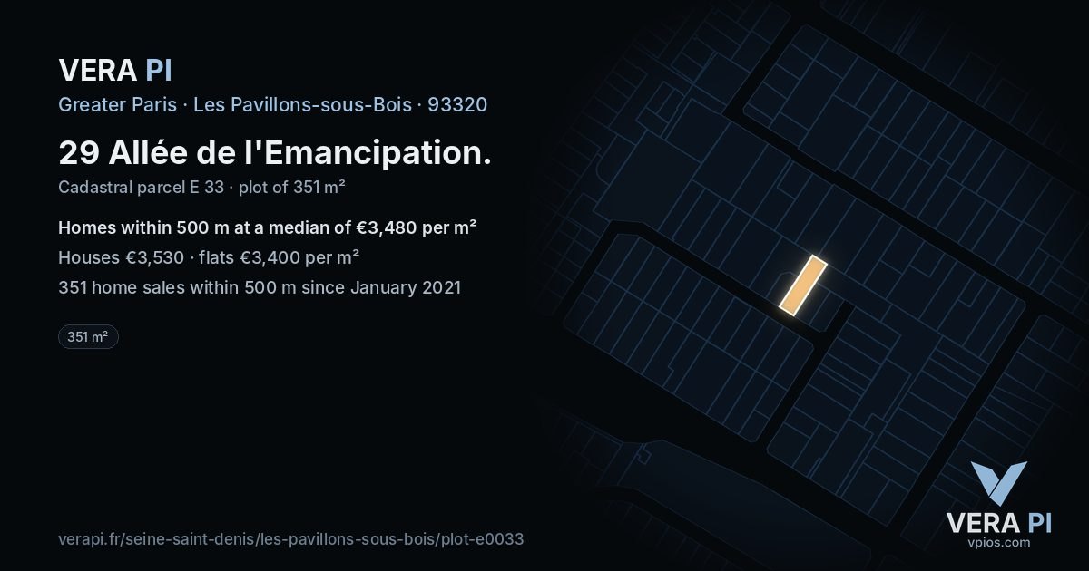 29 Allée de l'Emancipation, Les Pavillons-sous-Bois at night – the plot lit, the parcels around coloured by the prices near them