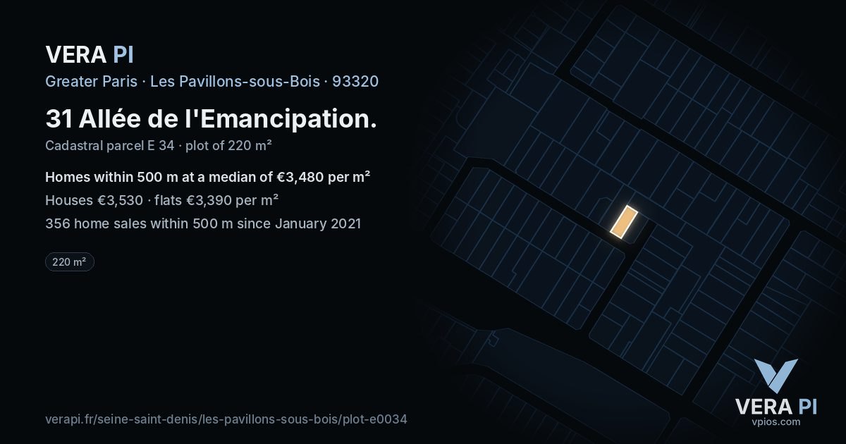 31 Allée de l'Emancipation, Les Pavillons-sous-Bois at night – the plot lit, the parcels around coloured by the prices near them