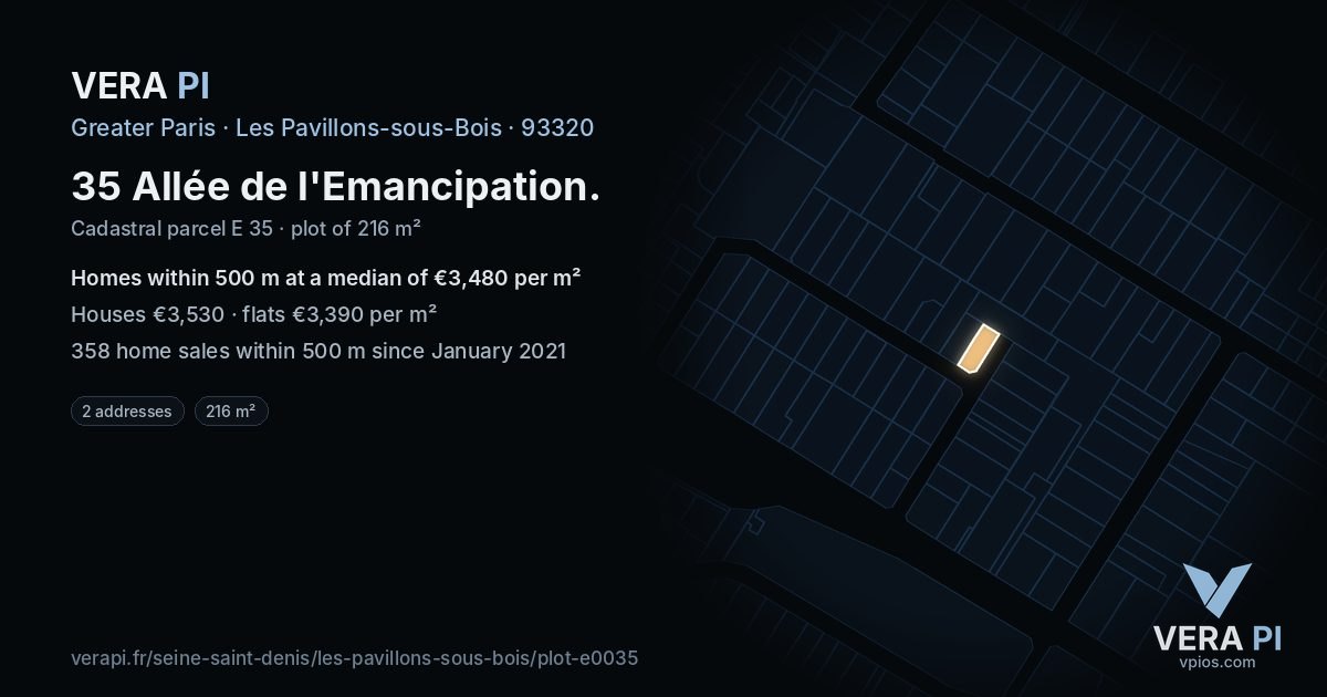 35 Allée de l'Emancipation, Les Pavillons-sous-Bois at night – the plot lit, the parcels around coloured by the prices near them
