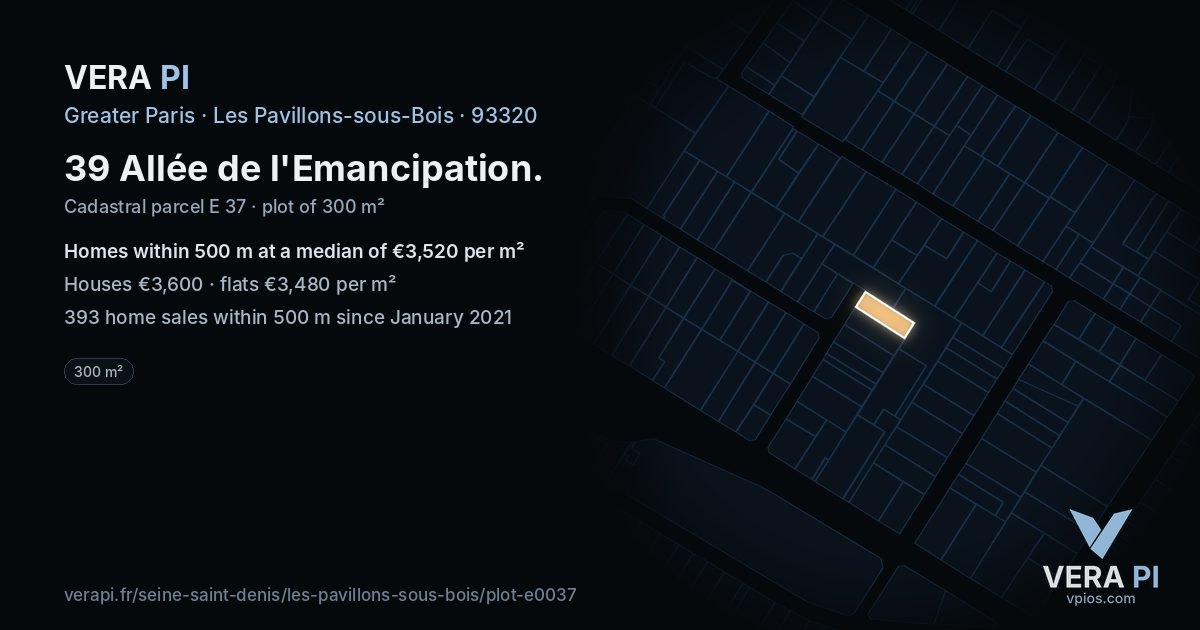 39 Allée de l'Emancipation, Les Pavillons-sous-Bois at night – the plot lit, the parcels around coloured by the prices near them