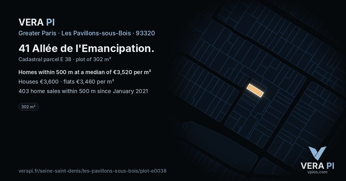41 Allée de l'Emancipation, Les Pavillons-sous-Bois at night – the plot lit, the parcels around coloured by the prices near them