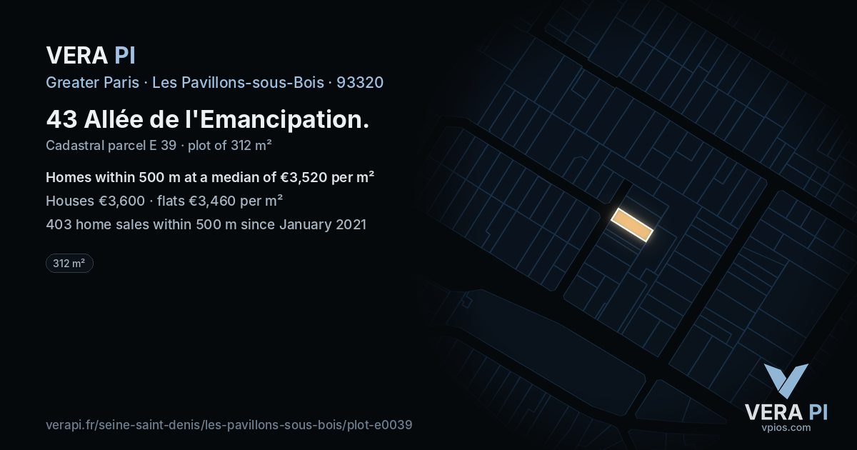 43 Allée de l'Emancipation, Les Pavillons-sous-Bois at night – the plot lit, the parcels around coloured by the prices near them