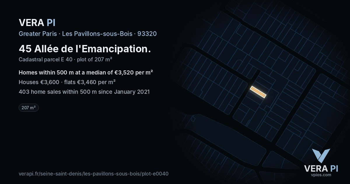 45 Allée de l'Emancipation, Les Pavillons-sous-Bois at night – the plot lit, the parcels around coloured by the prices near them
