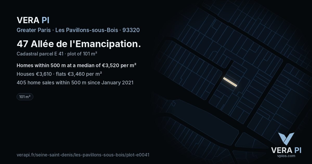 47 Allée de l'Emancipation, Les Pavillons-sous-Bois at night – the plot lit, the parcels around coloured by the prices near them