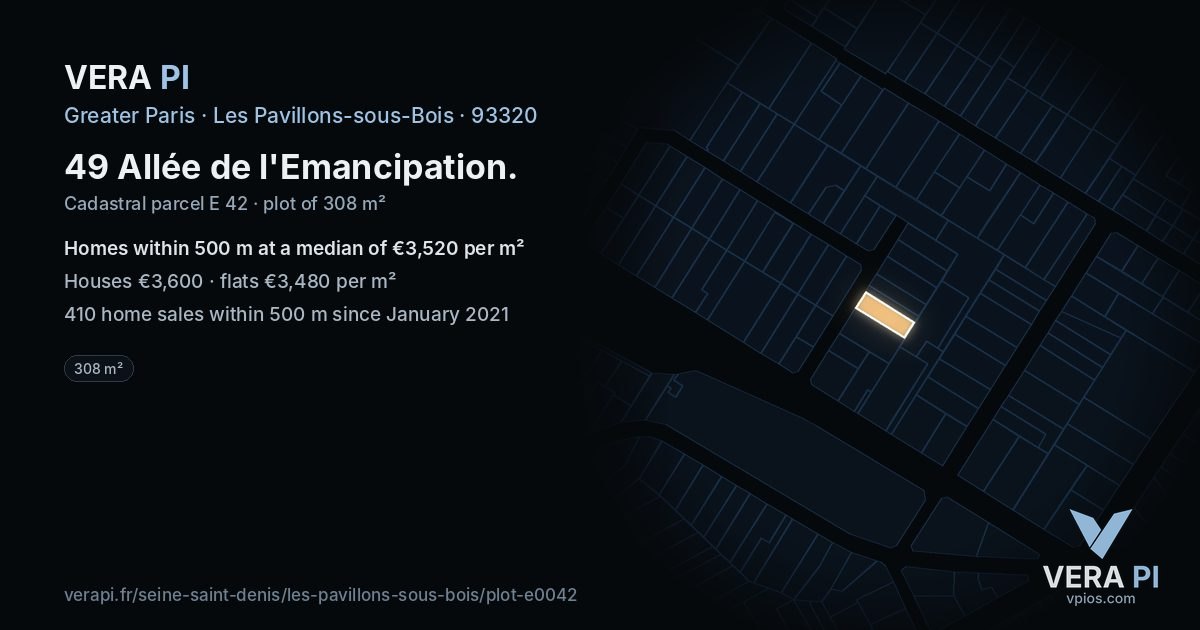 49 Allée de l'Emancipation, Les Pavillons-sous-Bois at night – the plot lit, the parcels around coloured by the prices near them