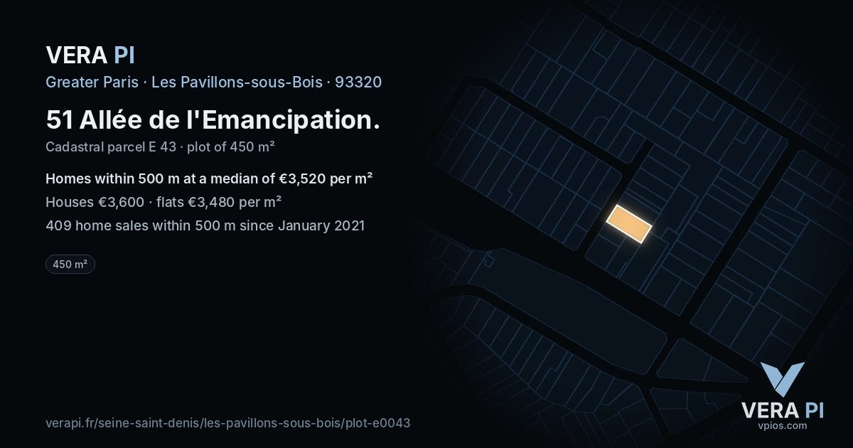 51 Allée de l'Emancipation, Les Pavillons-sous-Bois at night – the plot lit, the parcels around coloured by the prices near them