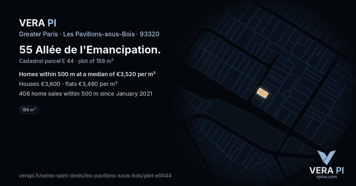 55 Allée de l'Emancipation, Les Pavillons-sous-Bois at night – the plot lit, the parcels around coloured by the prices near them
