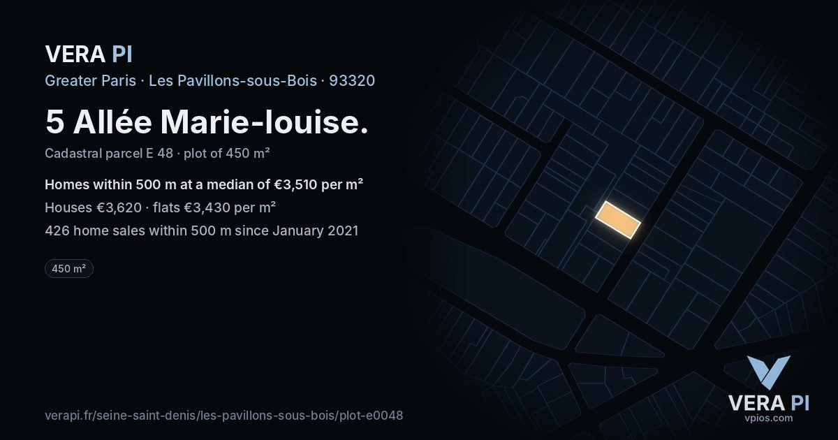 5 Allée Marie-louise, Les Pavillons-sous-Bois at night – the plot lit, the parcels around coloured by the prices near them