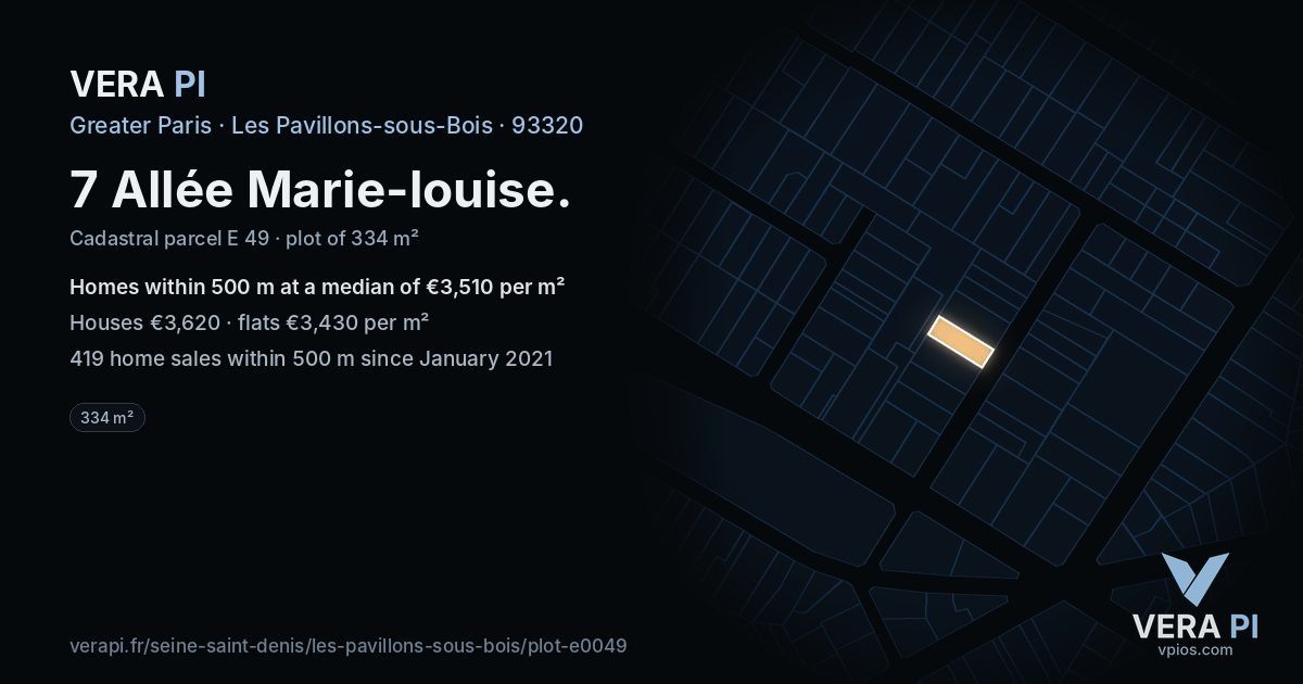7 Allée Marie-louise, Les Pavillons-sous-Bois at night – the plot lit, the parcels around coloured by the prices near them