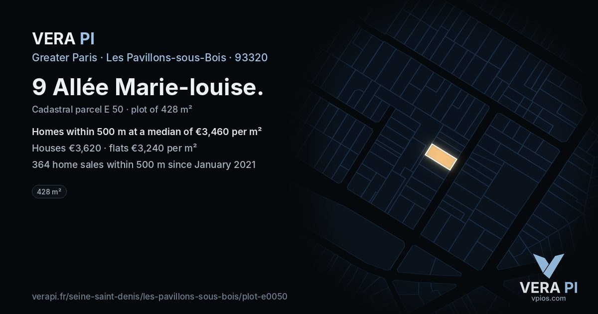 9 Allée Marie-louise, Les Pavillons-sous-Bois at night – the plot lit, the parcels around coloured by the prices near them