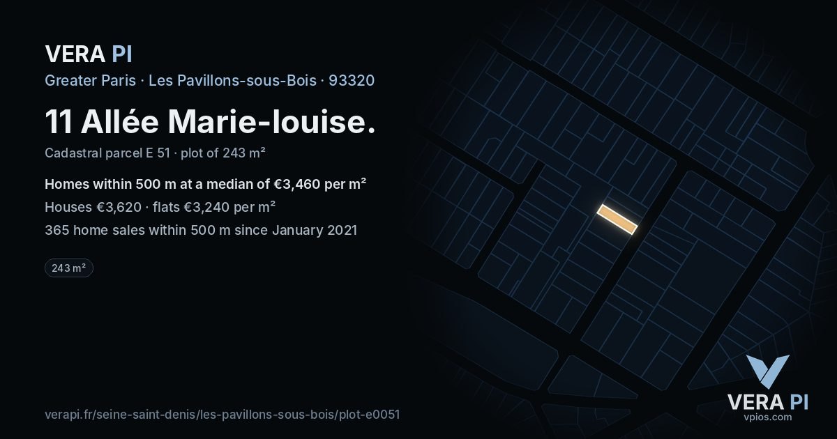 11 Allée Marie-louise, Les Pavillons-sous-Bois at night – the plot lit, the parcels around coloured by the prices near them
