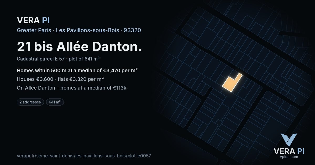 21 bis Allée Danton, Les Pavillons-sous-Bois at night – the plot lit, the parcels around coloured by the prices near them