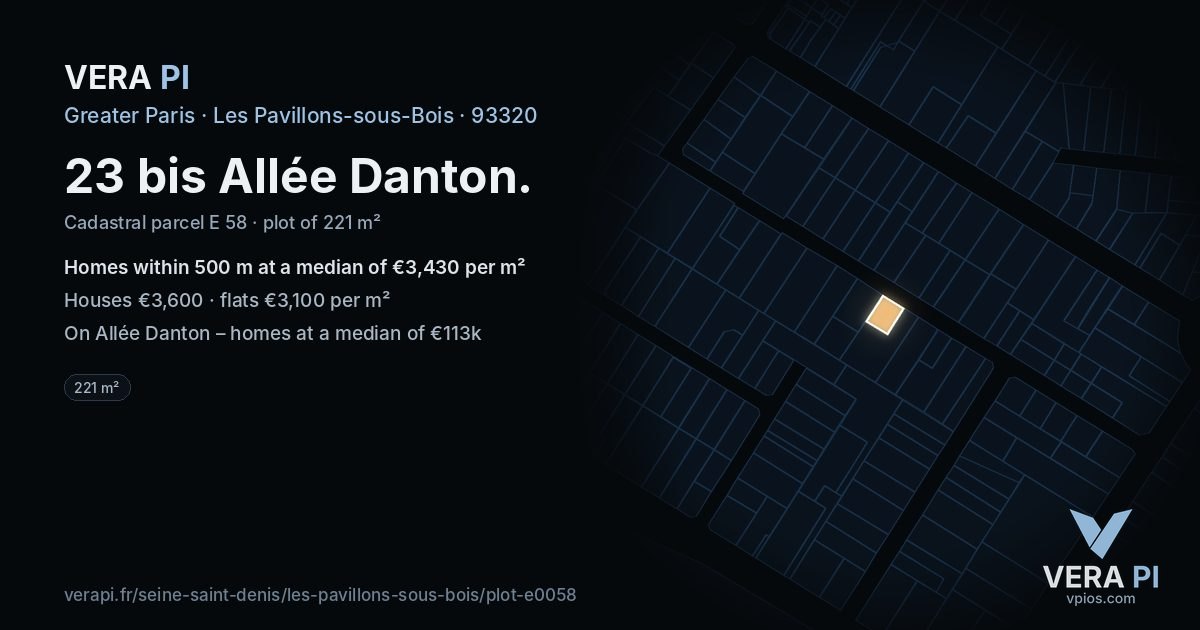 23 bis Allée Danton, Les Pavillons-sous-Bois at night – the plot lit, the parcels around coloured by the prices near them