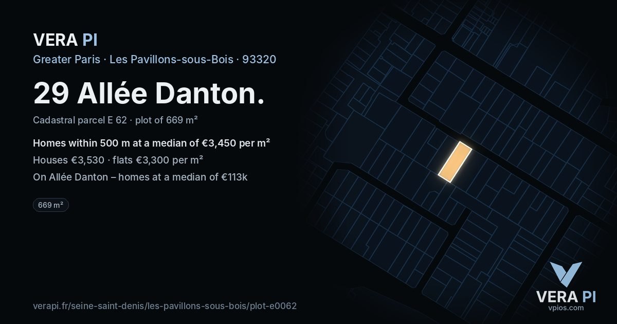 29 Allée Danton, Les Pavillons-sous-Bois at night – the plot lit, the parcels around coloured by the prices near them