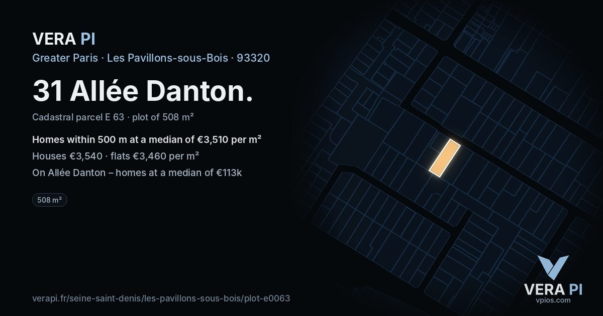 31 Allée Danton, Les Pavillons-sous-Bois at night – the plot lit, the parcels around coloured by the prices near them