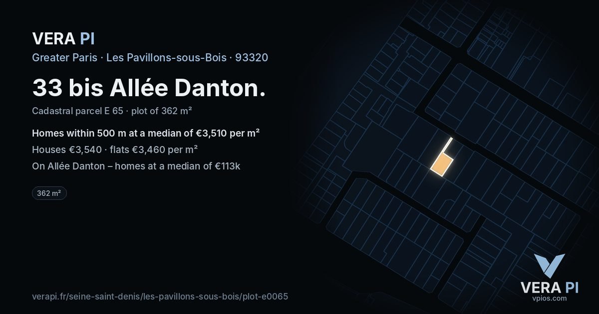 33 bis Allée Danton, Les Pavillons-sous-Bois at night – the plot lit, the parcels around coloured by the prices near them