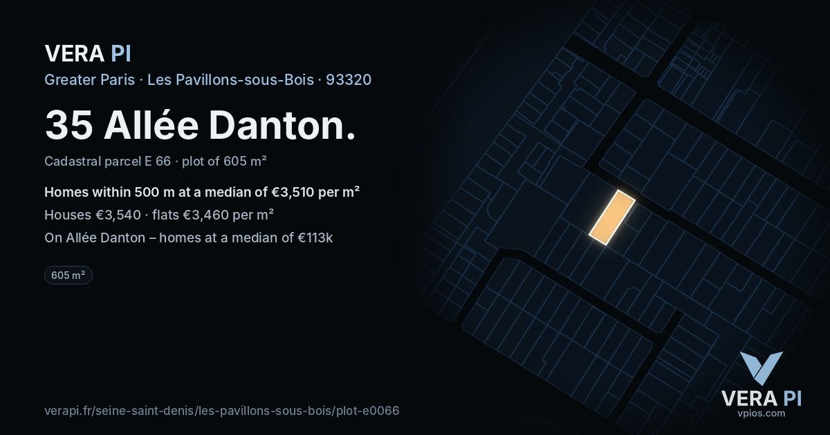 35 Allée Danton, Les Pavillons-sous-Bois at night – the plot lit, the parcels around coloured by the prices near them