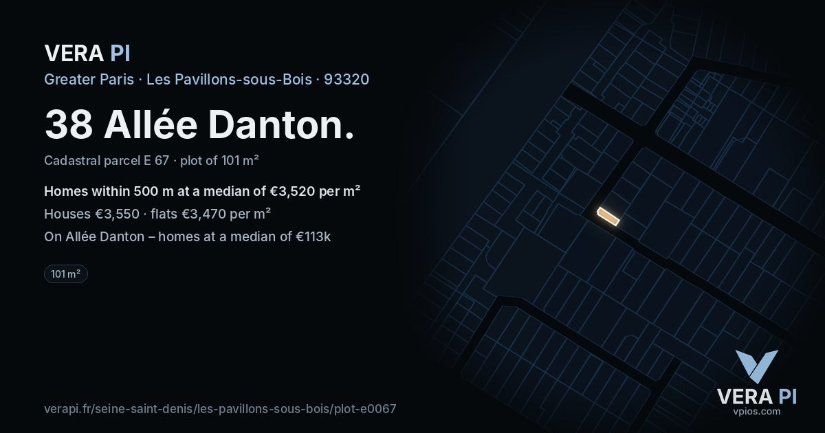 38 Allée Danton, Les Pavillons-sous-Bois at night – the plot lit, the parcels around coloured by the prices near them