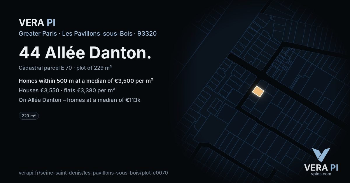 44 Allée Danton, Les Pavillons-sous-Bois at night – the plot lit, the parcels around coloured by the prices near them