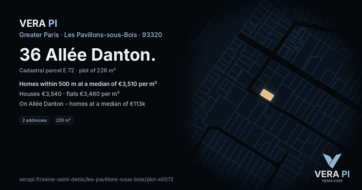 36 Allée Danton, Les Pavillons-sous-Bois at night – the plot lit, the parcels around coloured by the prices near them