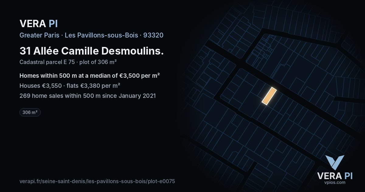 31 Allée Camille Desmoulins, Les Pavillons-sous-Bois at night – the plot lit, the parcels around coloured by the prices near them