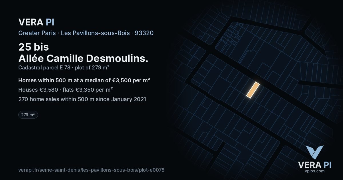 25 bis Allée Camille Desmoulins, Les Pavillons-sous-Bois at night – the plot lit, the parcels around coloured by the prices near them