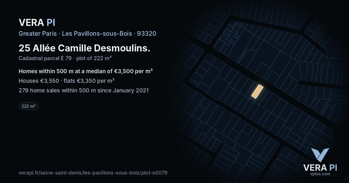 25 Allée Camille Desmoulins, Les Pavillons-sous-Bois at night – the plot lit, the parcels around coloured by the prices near them