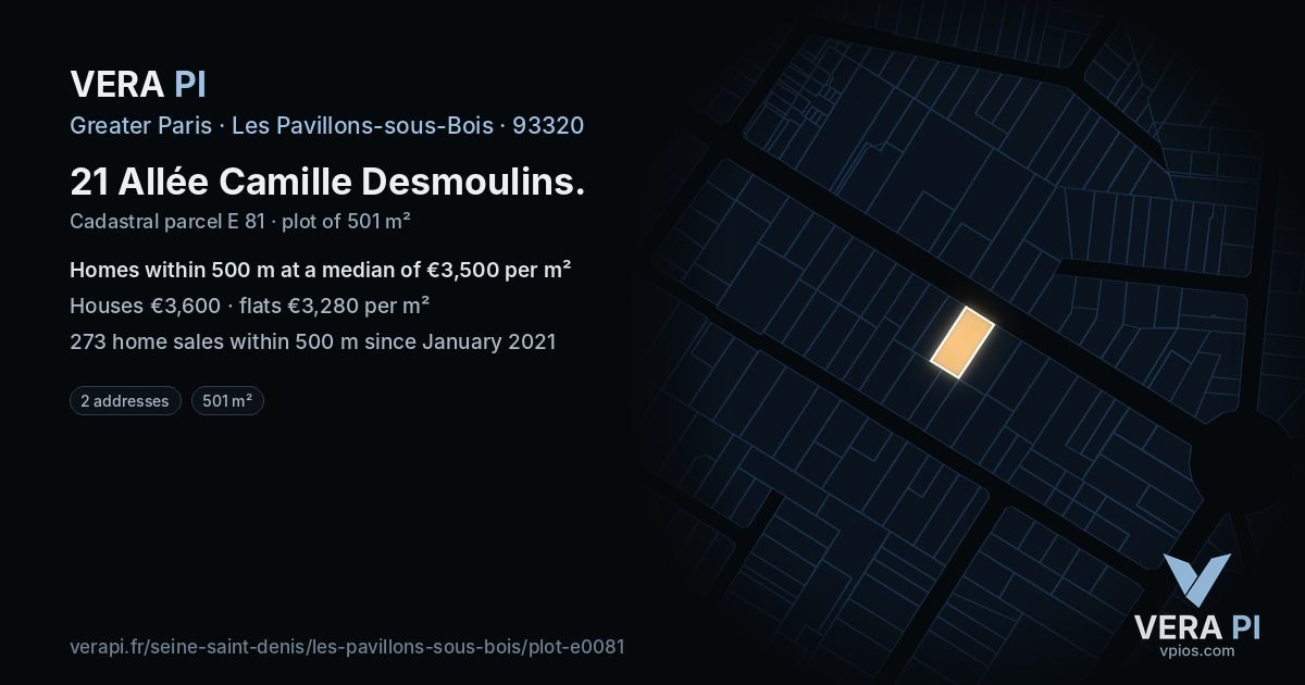 21 Allée Camille Desmoulins, Les Pavillons-sous-Bois at night – the plot lit, the parcels around coloured by the prices near them
