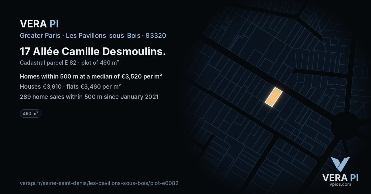 17 Allée Camille Desmoulins, Les Pavillons-sous-Bois at night – the plot lit, the parcels around coloured by the prices near them