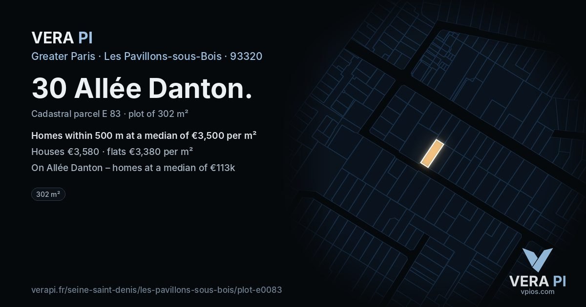 30 Allée Danton, Les Pavillons-sous-Bois at night – the plot lit, the parcels around coloured by the prices near them