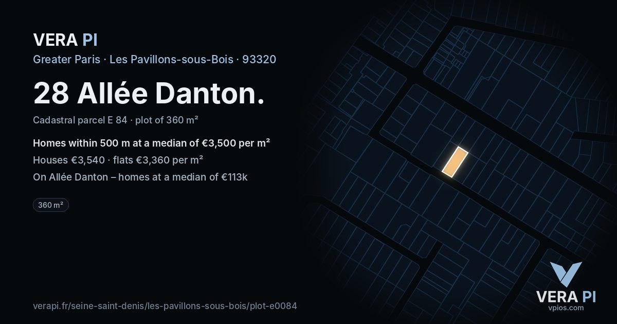 28 Allée Danton, Les Pavillons-sous-Bois at night – the plot lit, the parcels around coloured by the prices near them
