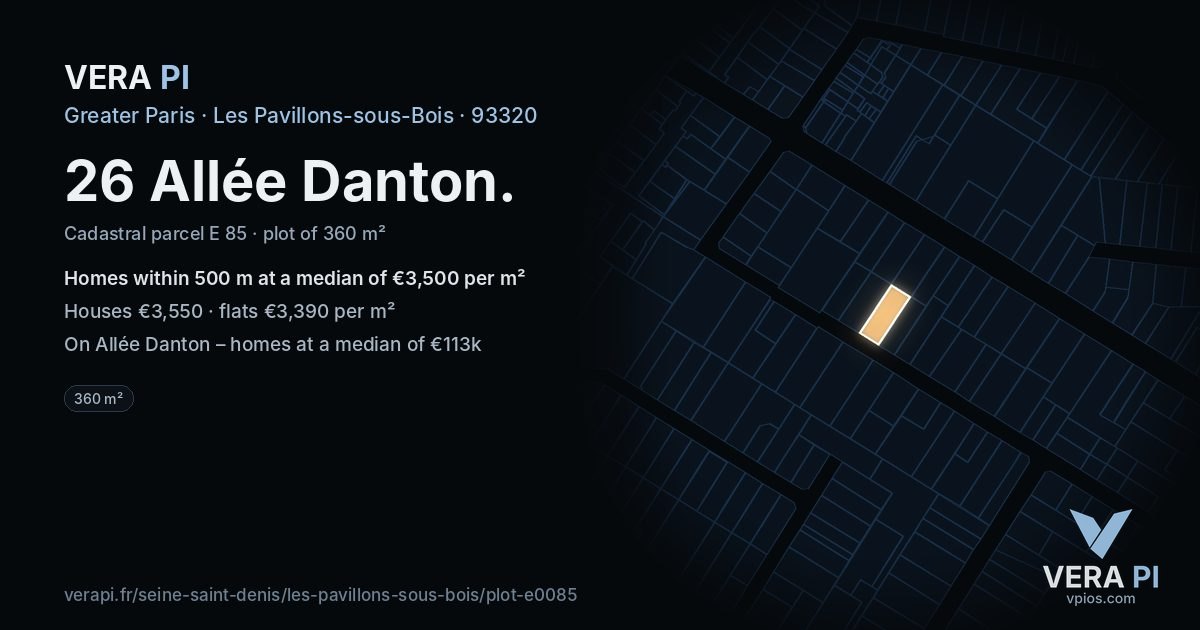 26 Allée Danton, Les Pavillons-sous-Bois at night – the plot lit, the parcels around coloured by the prices near them