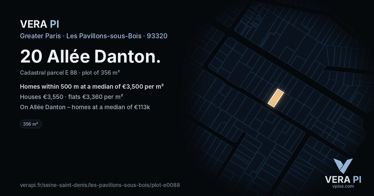 20 Allée Danton, Les Pavillons-sous-Bois at night – the plot lit, the parcels around coloured by the prices near them