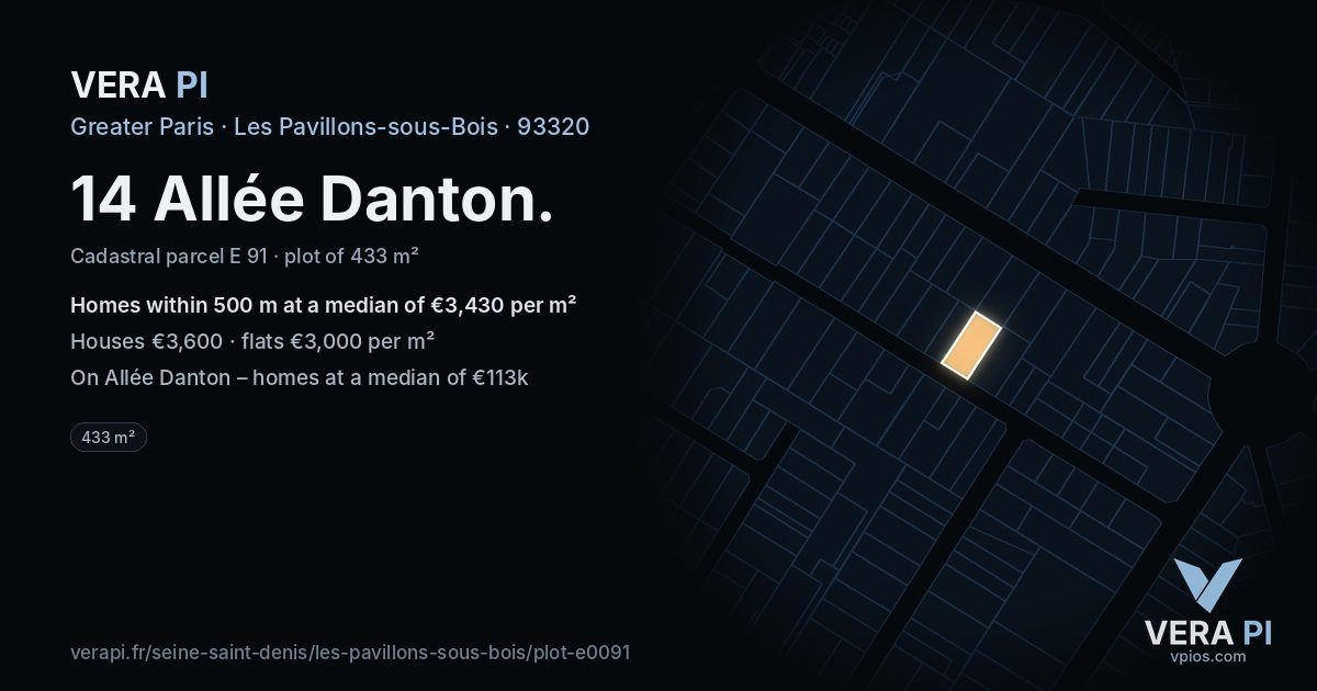 14 Allée Danton, Les Pavillons-sous-Bois at night – the plot lit, the parcels around coloured by the prices near them