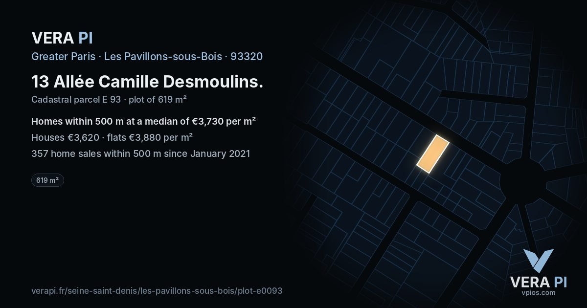 13 Allée Camille Desmoulins, Les Pavillons-sous-Bois at night – the plot lit, the parcels around coloured by the prices near them