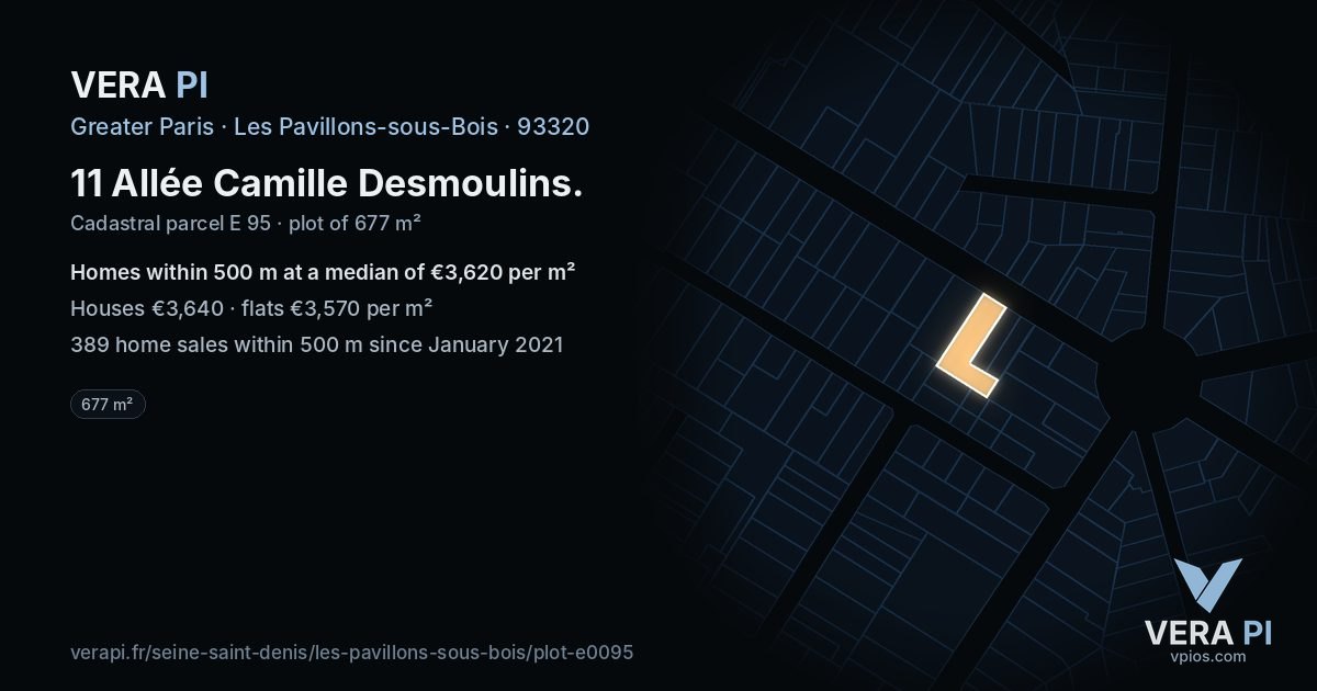 11 Allée Camille Desmoulins, Les Pavillons-sous-Bois at night – the plot lit, the parcels around coloured by the prices near them