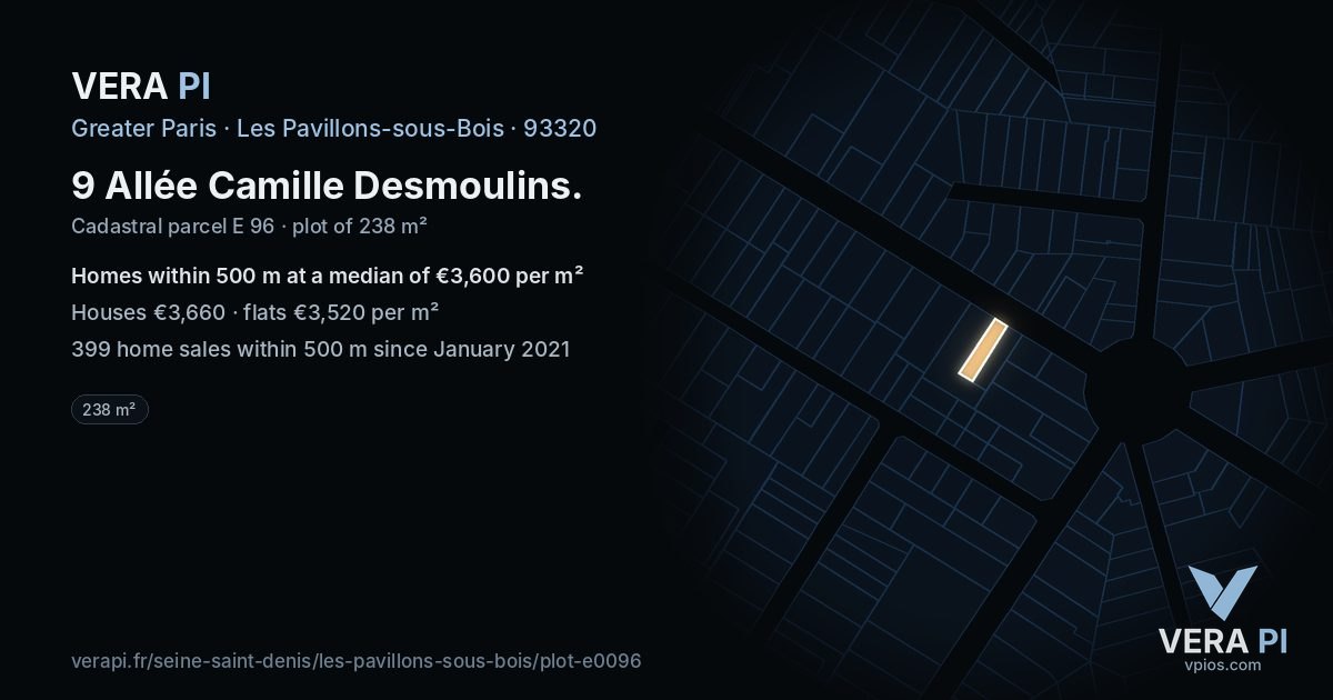 9 Allée Camille Desmoulins, Les Pavillons-sous-Bois at night – the plot lit, the parcels around coloured by the prices near them