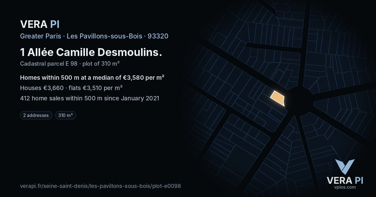1 Allée Camille Desmoulins, Les Pavillons-sous-Bois at night – the plot lit, the parcels around coloured by the prices near them