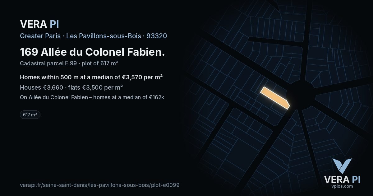 169 Allée du Colonel Fabien, Les Pavillons-sous-Bois at night – the plot lit, the parcels around coloured by the prices near them