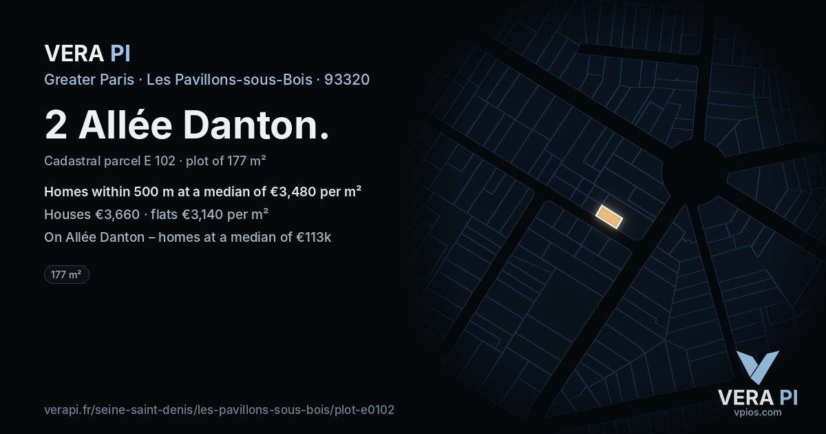 2 Allée Danton, Les Pavillons-sous-Bois at night – the plot lit, the parcels around coloured by the prices near them