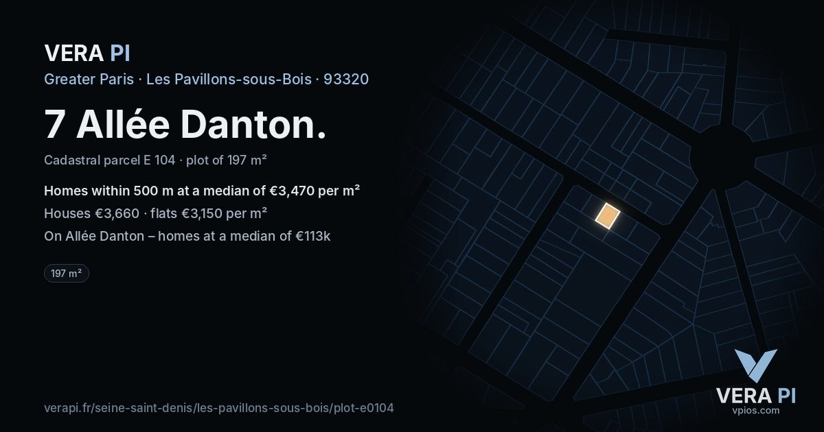 7 Allée Danton, Les Pavillons-sous-Bois at night – the plot lit, the parcels around coloured by the prices near them