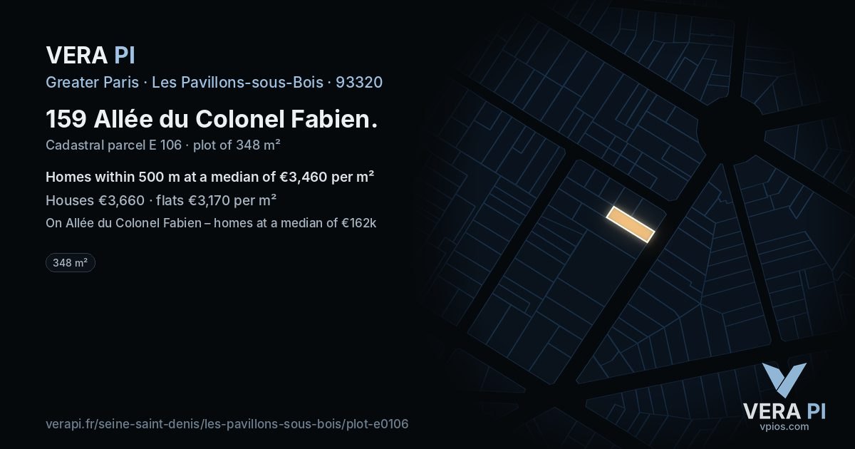 159 Allée du Colonel Fabien, Les Pavillons-sous-Bois at night – the plot lit, the parcels around coloured by the prices near them