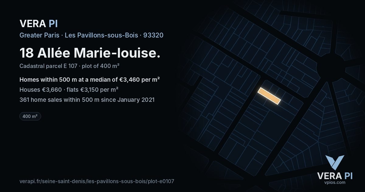 18 Allée Marie-louise, Les Pavillons-sous-Bois at night – the plot lit, the parcels around coloured by the prices near them