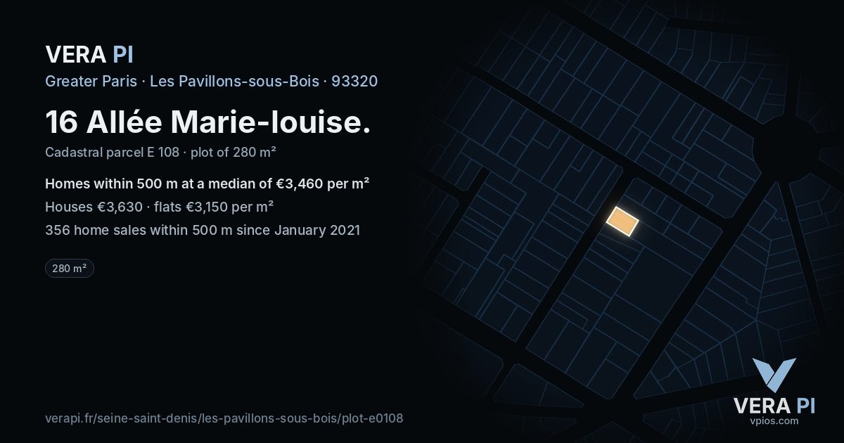 16 Allée Marie-louise, Les Pavillons-sous-Bois at night – the plot lit, the parcels around coloured by the prices near them