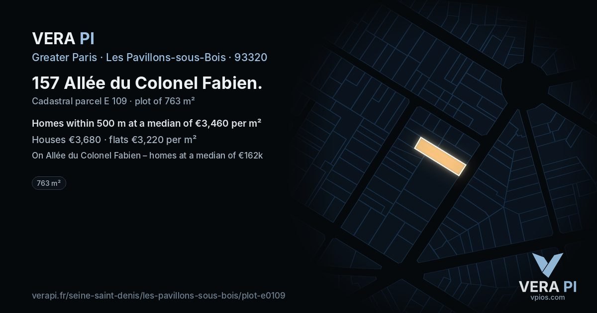 157 Allée du Colonel Fabien, Les Pavillons-sous-Bois at night – the plot lit, the parcels around coloured by the prices near them